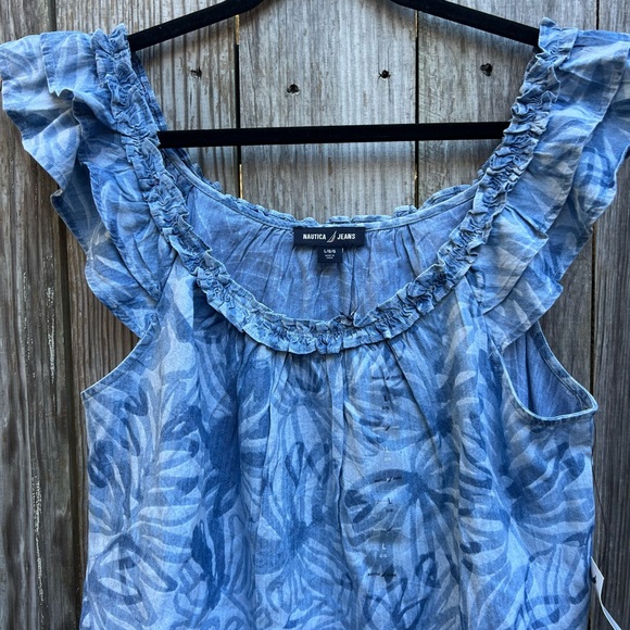 NAUTICA JEANS Denim Blue Tropical Off Ruffle Shoulder Shirt Top W Large NWT - Picture 2 of 10